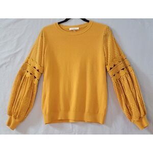 Siani Milano Mustard Crochet Lace Balloon Boho Sleeve Knit Sweater Womens M